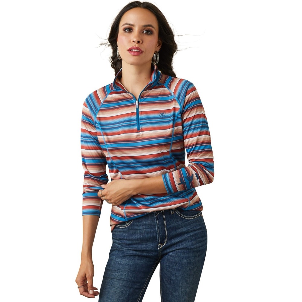 Ariat Tek Laguna 1/4 Zip Top Women's Large Blue Striped Wicking UV Protection